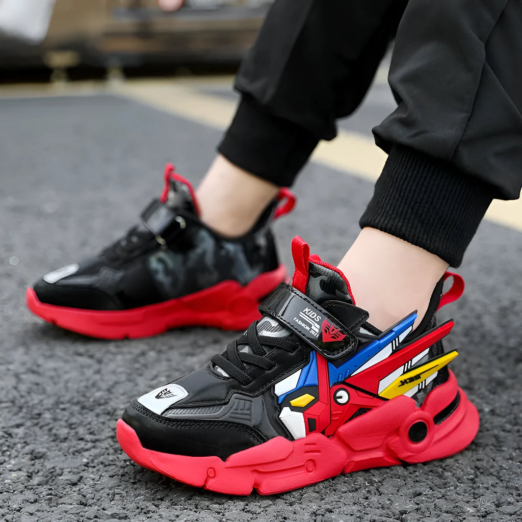 Boy's artificial leather sneakers with Velcro fastening in yellow, black red, or lake blue with cartoon pattern