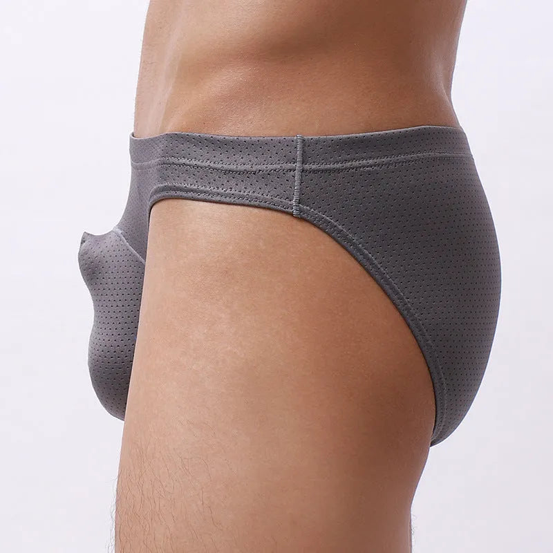 Men's loose-fit nylon underwear shown in blue, with a transparent, breathable fabric texture visible.