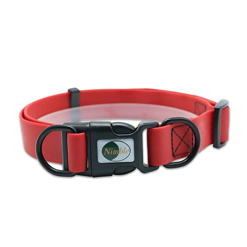 PVC waterproof dirt-resistant adjustable dog collar in blue with buckle, on white background
