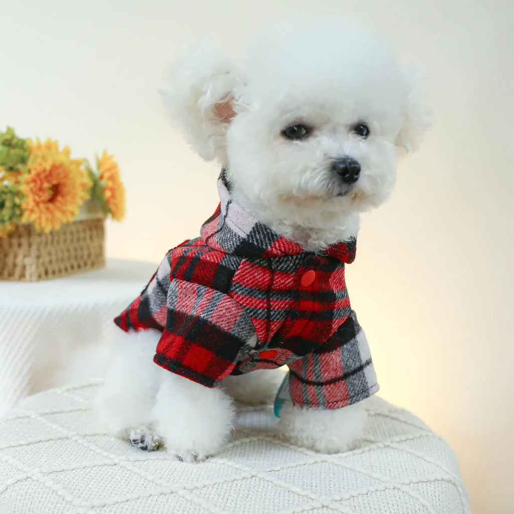 Red plaid trench coat for pets with size options from XS to XL for autumn and winter wear