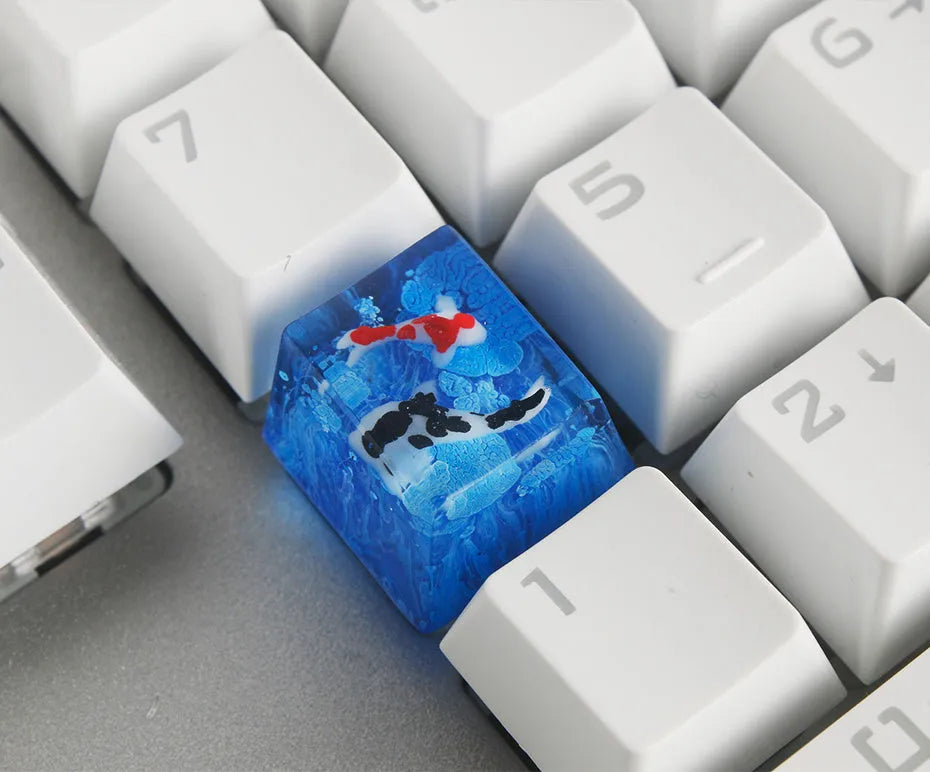 Resin keycap with koi fish and scenery artwork for Cherry MX mechanical keyboard switches