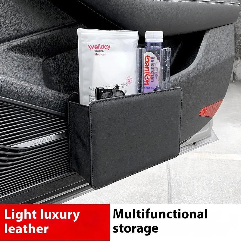 Leather car door container trash can in beige, showing compact size and hanging design for vehicle use