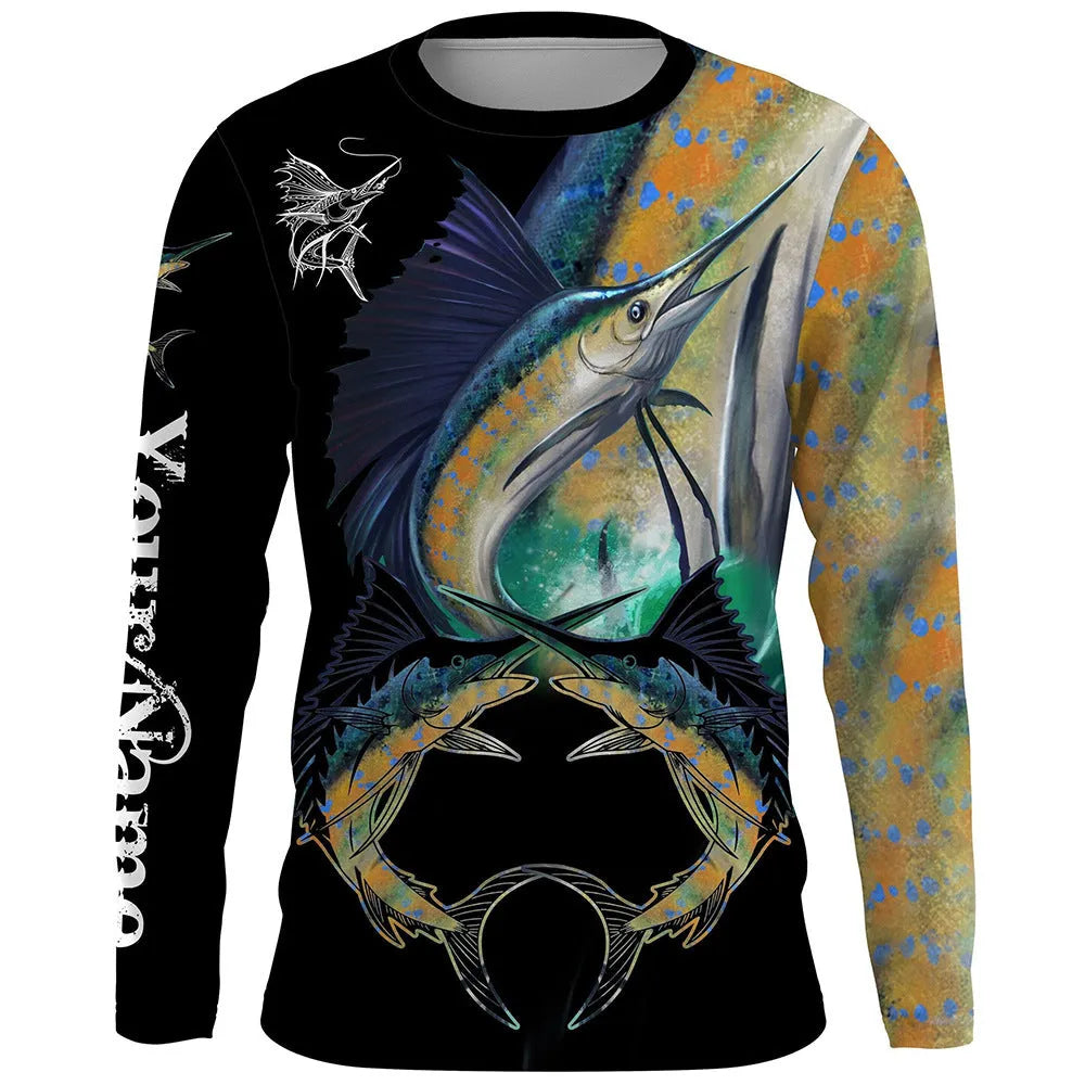 Men's long-sleeved round neck pullover with a blue and white fish print design.