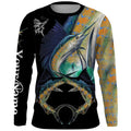 Men's long-sleeved round neck pullover with a blue and white fish print design.