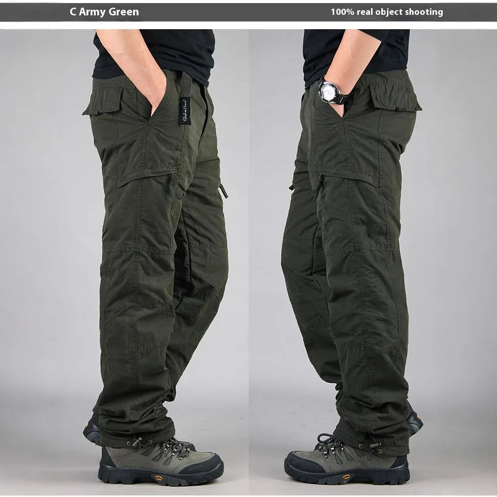 Men's thick khaki velvet overalls with a wool lining, showing loose straight-leg fit.
