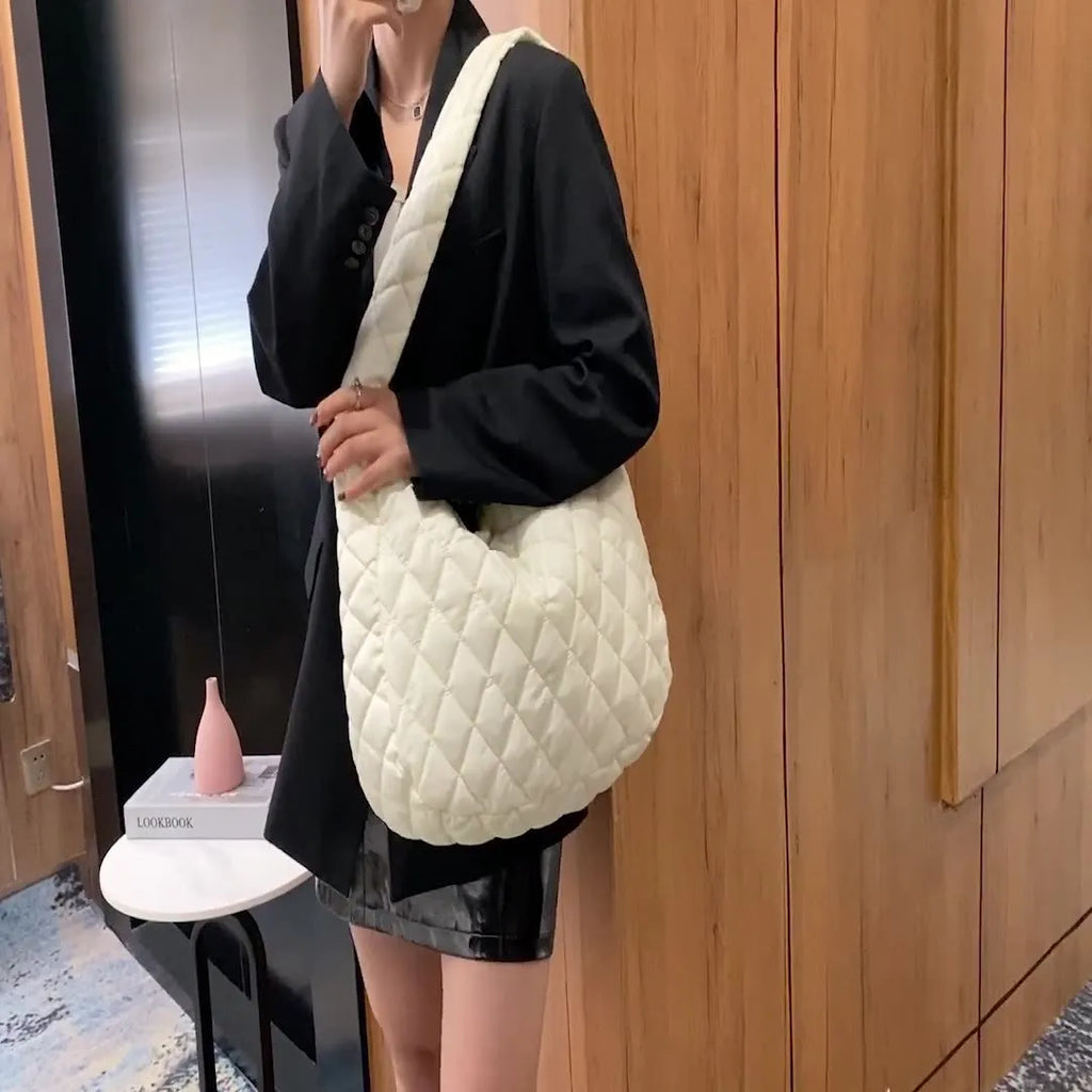 Women's large nylon tote shoulder bag with zip, soft handle, 60cm strap, in white or black