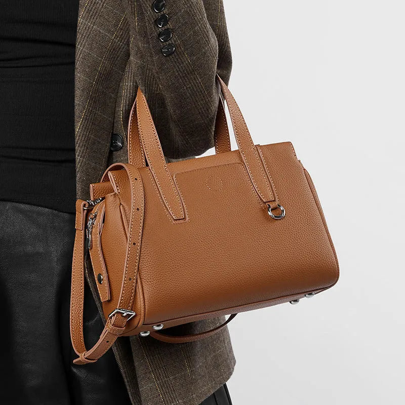 Genuine leather crossbody bag in horizontal square shape with single shoulder strap