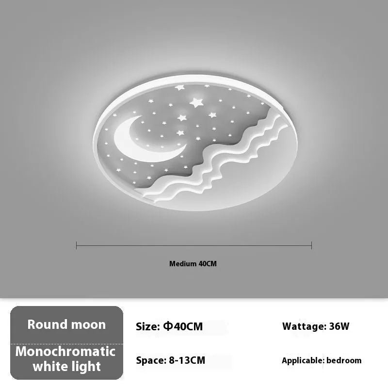 Moon ceiling light in 40cm, 50cm, or 60cm size, wrought iron and acrylic, white light or nonpolar, simple modern bedroom fixture.
