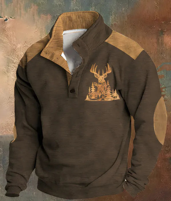Loose fit grey long-sleeved sweater with a colourful digital 3D pattern and four-button placket.