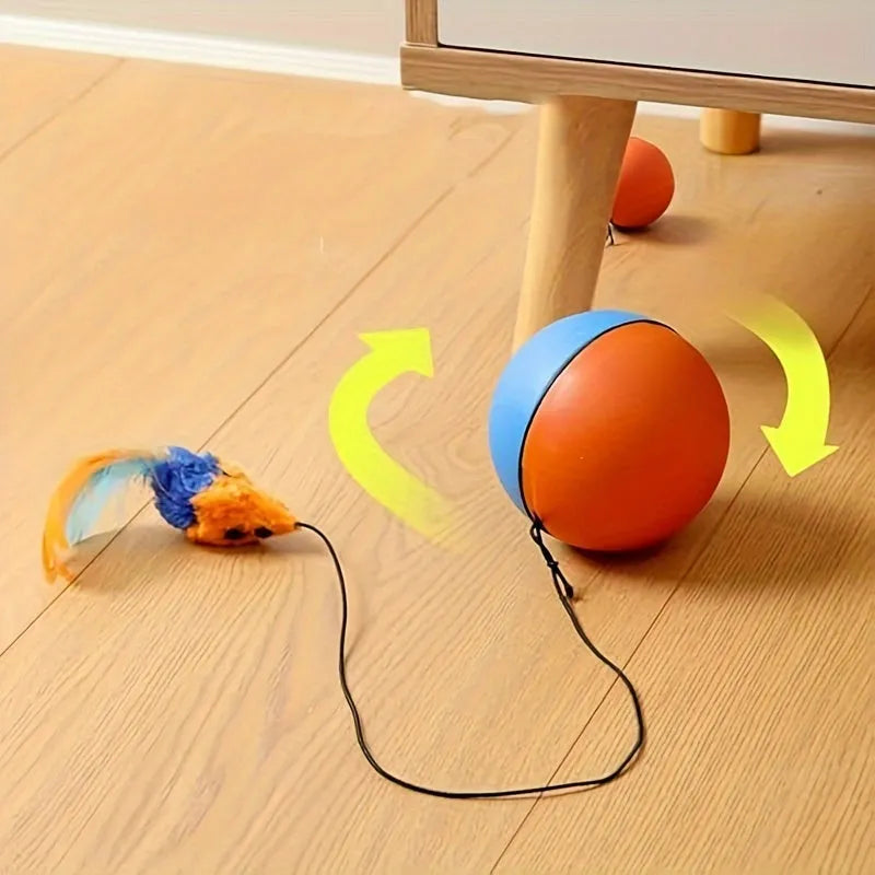 Interactive blue and orange cat toy ball with plush mouse measuring 8.5x8.5x9 cm