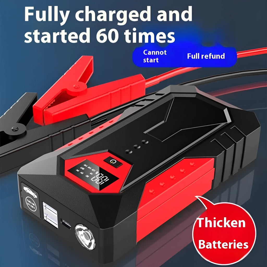 Red 12V car battery jump starter emergency power bank with battery clamps and cable