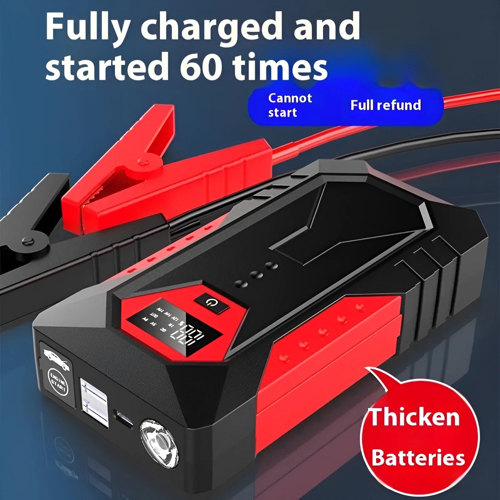 Red 12V car battery jump starter emergency power bank with battery clamps and cable