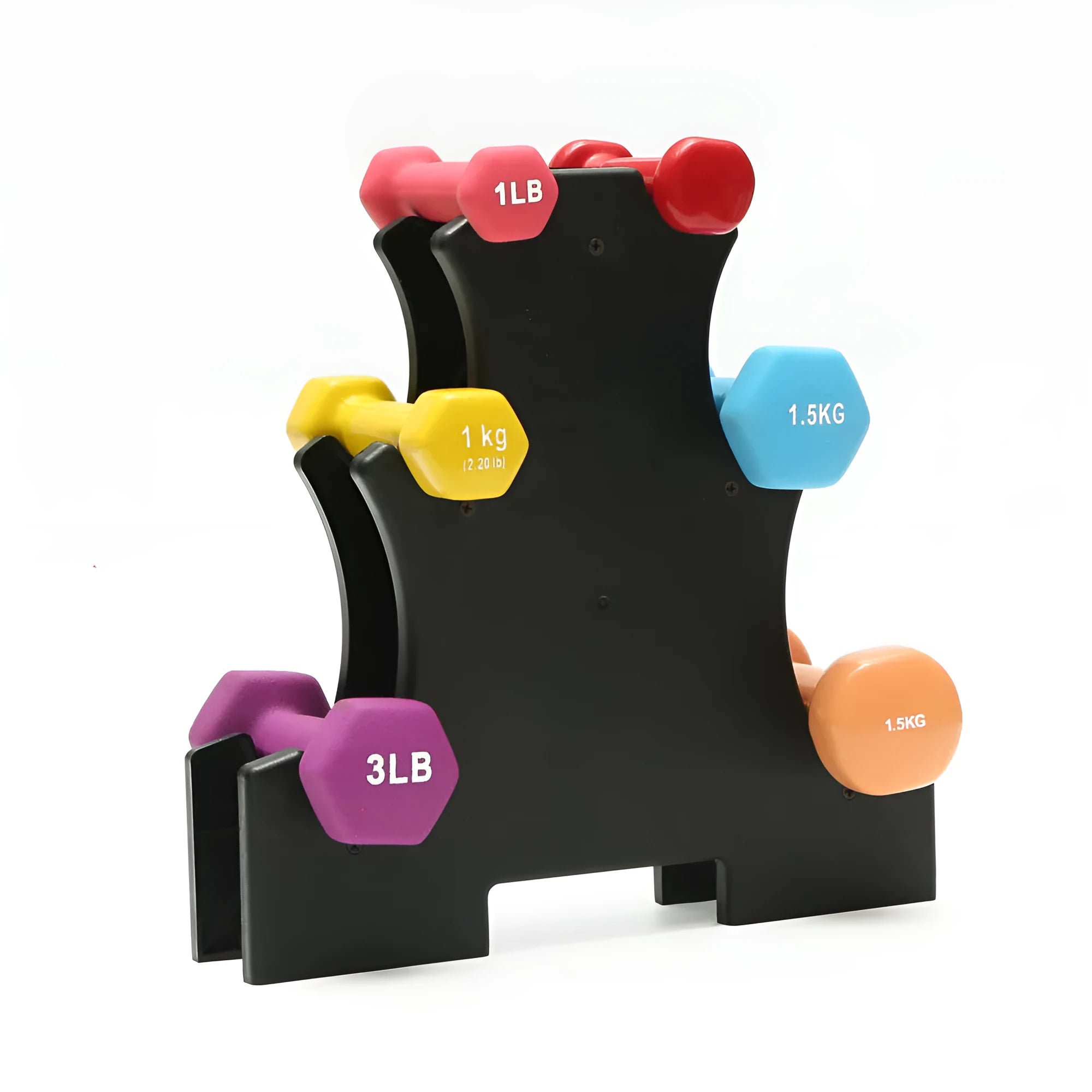 White PVC dumbbell stand with removable bracket holding multiple dumbbells.