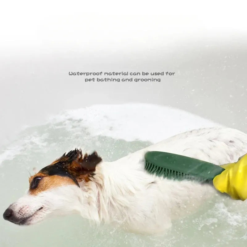 Green silicone pet hair remover brush with plastic handle on a fabric sofa