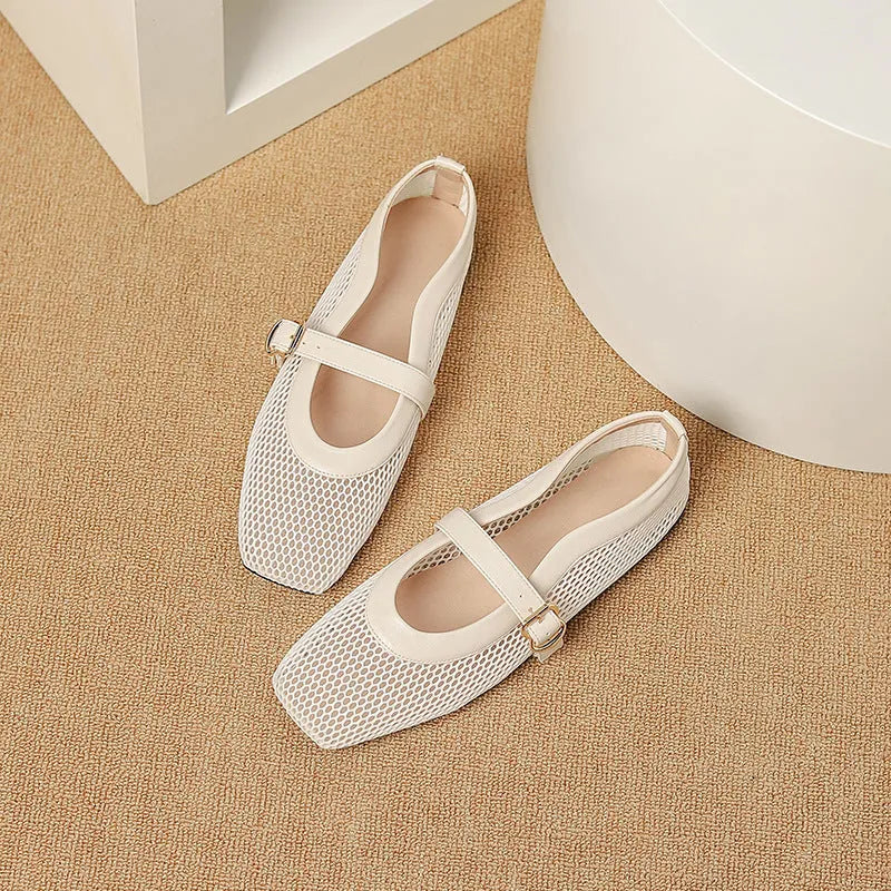 Women's beige mesh pumps with a square toe, buckle fastening, and a low flat heel.