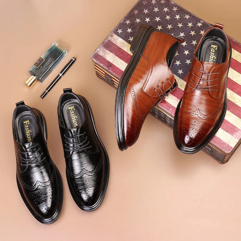 Men's anti-slip dress shoes with embossed grid pattern, round toe, and square heel in black
