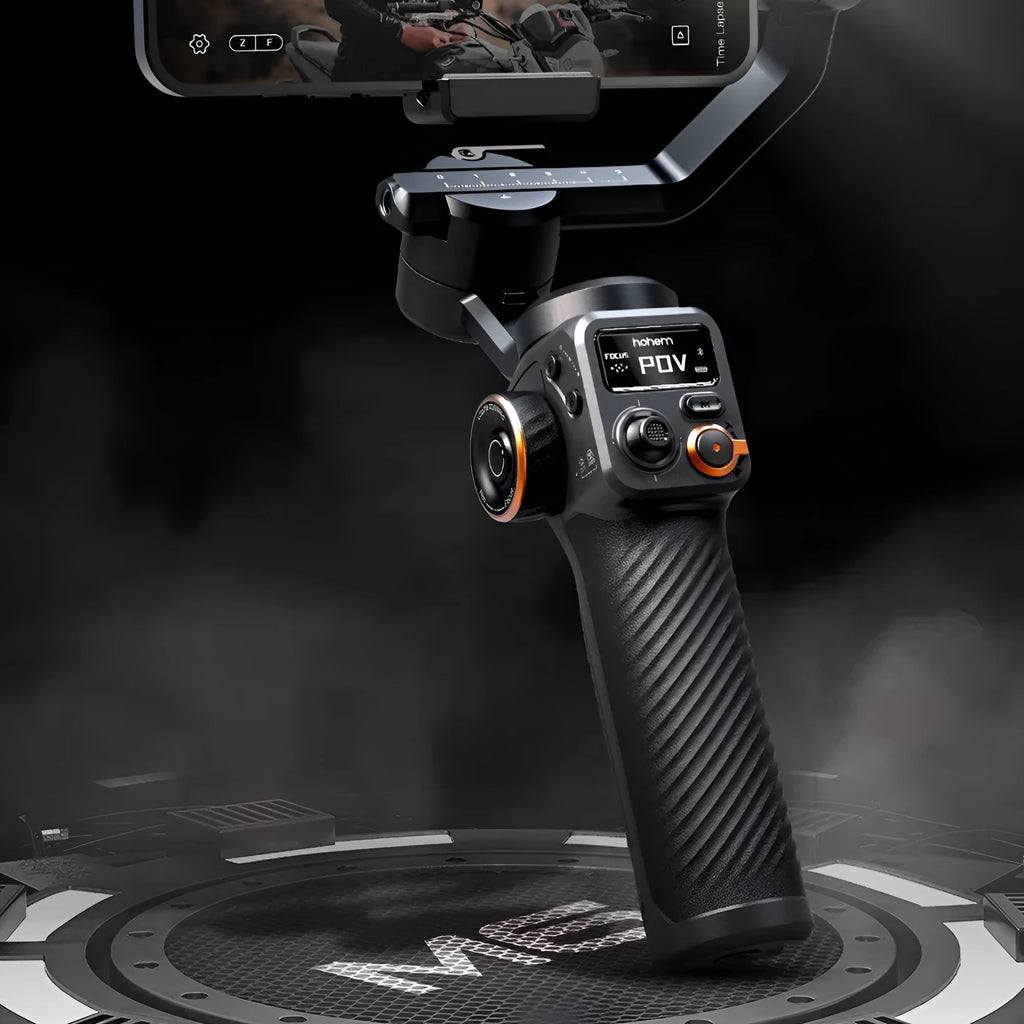 Black three-axis smartphone stabiliser with attached AI fill light on a tripod