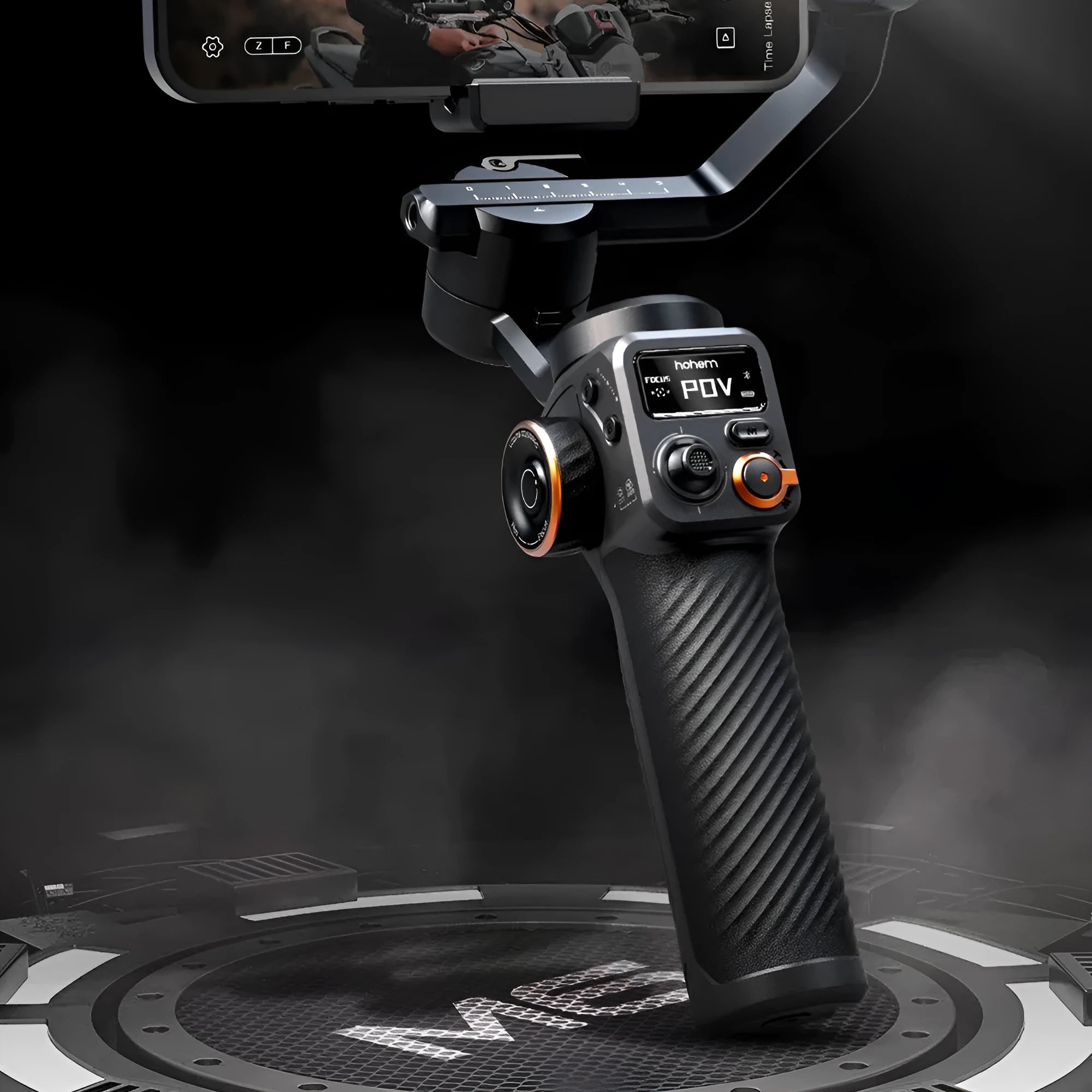 Black three-axis smartphone stabiliser with attached AI fill light on a tripod