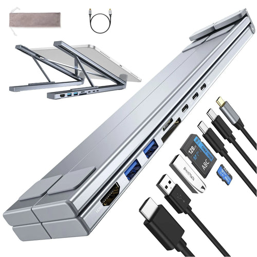 Aluminium foldable 8-in-1 docking station and laptop stand with multiple ports.