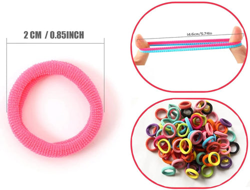 100 multicolour seamless cotton baby hair ties in a jar, shown next to a toddler's ponytail.