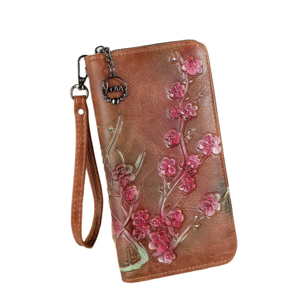 Embossed hand-painted floral pattern Chinese style zipper handbag in PU leather