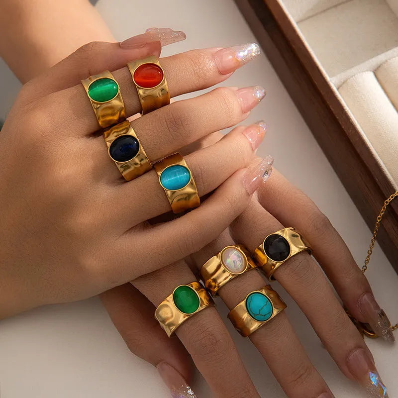 Titanium steel gold multicolor adjustable open ring for women, U-shaped circle style, eight colour options