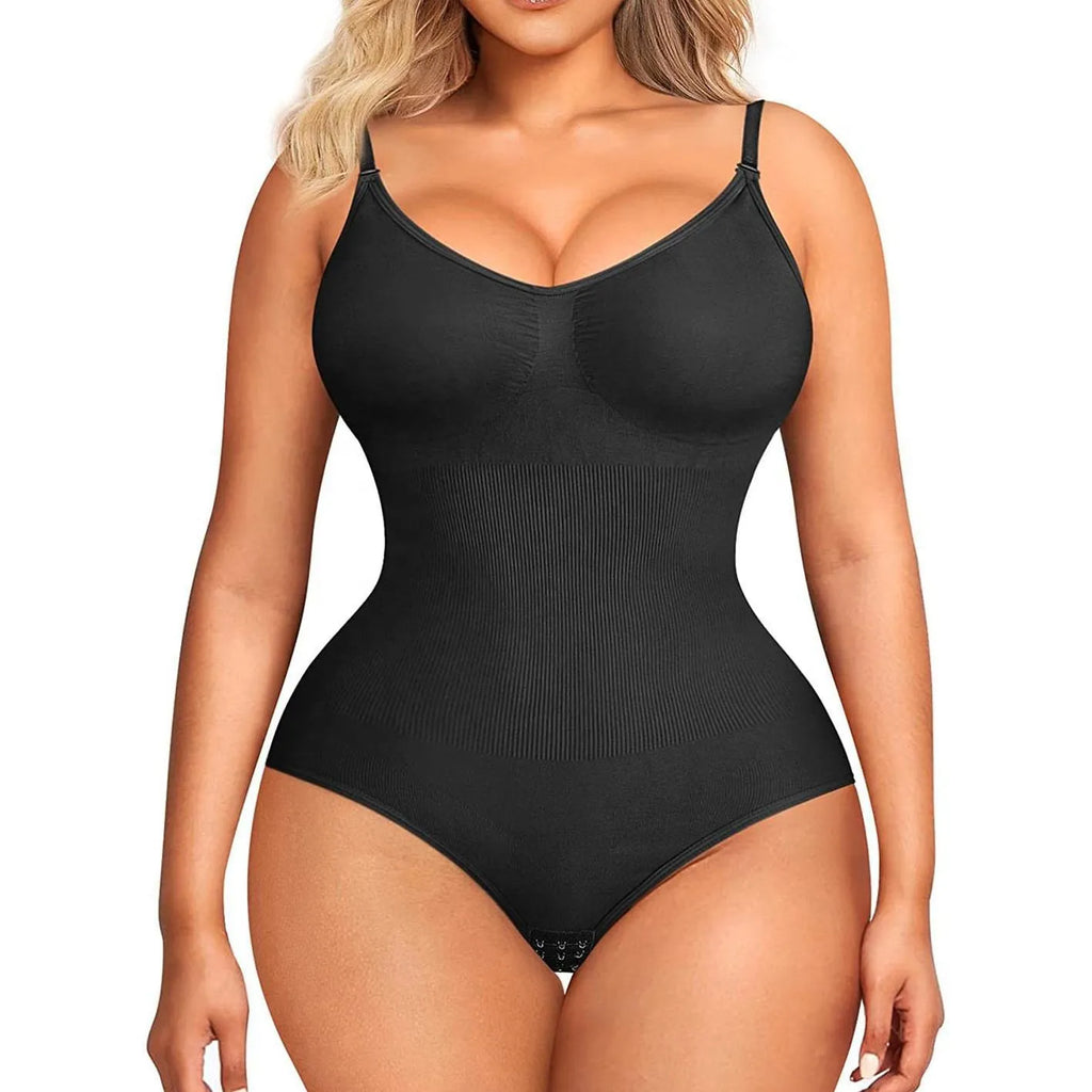 Plus size seamless nylon body shaping jumpsuit with adjustable straps in skin colour, front view