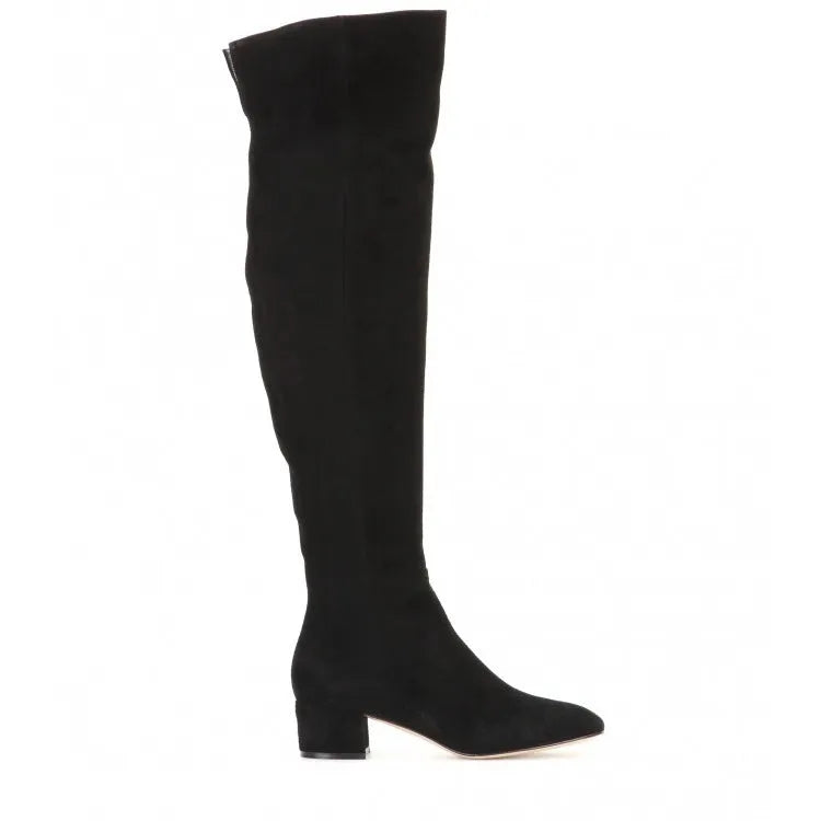 Women's grey suede flat over-the-knee boots with pointed toe and low thick heel