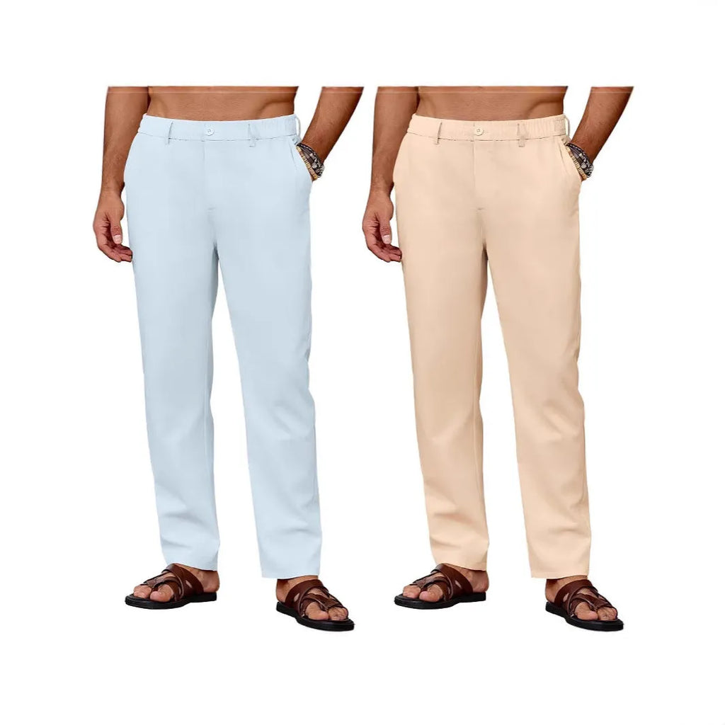 Men's casual straight leg drawstring pants in polyester with slight stretch, full length, low waist, spring trousers