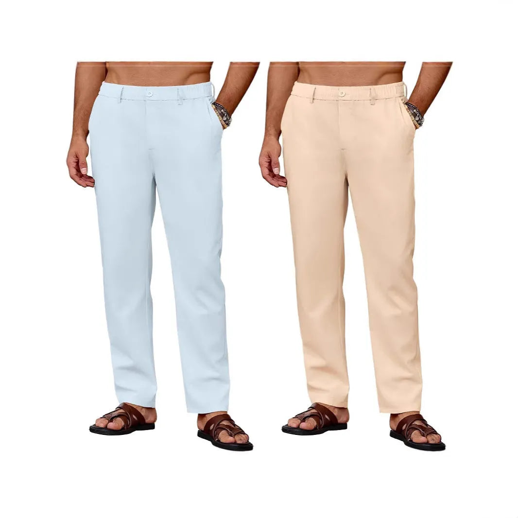 Men's casual straight leg drawstring pants in polyester with slight stretch, full length, low waist, spring trousers