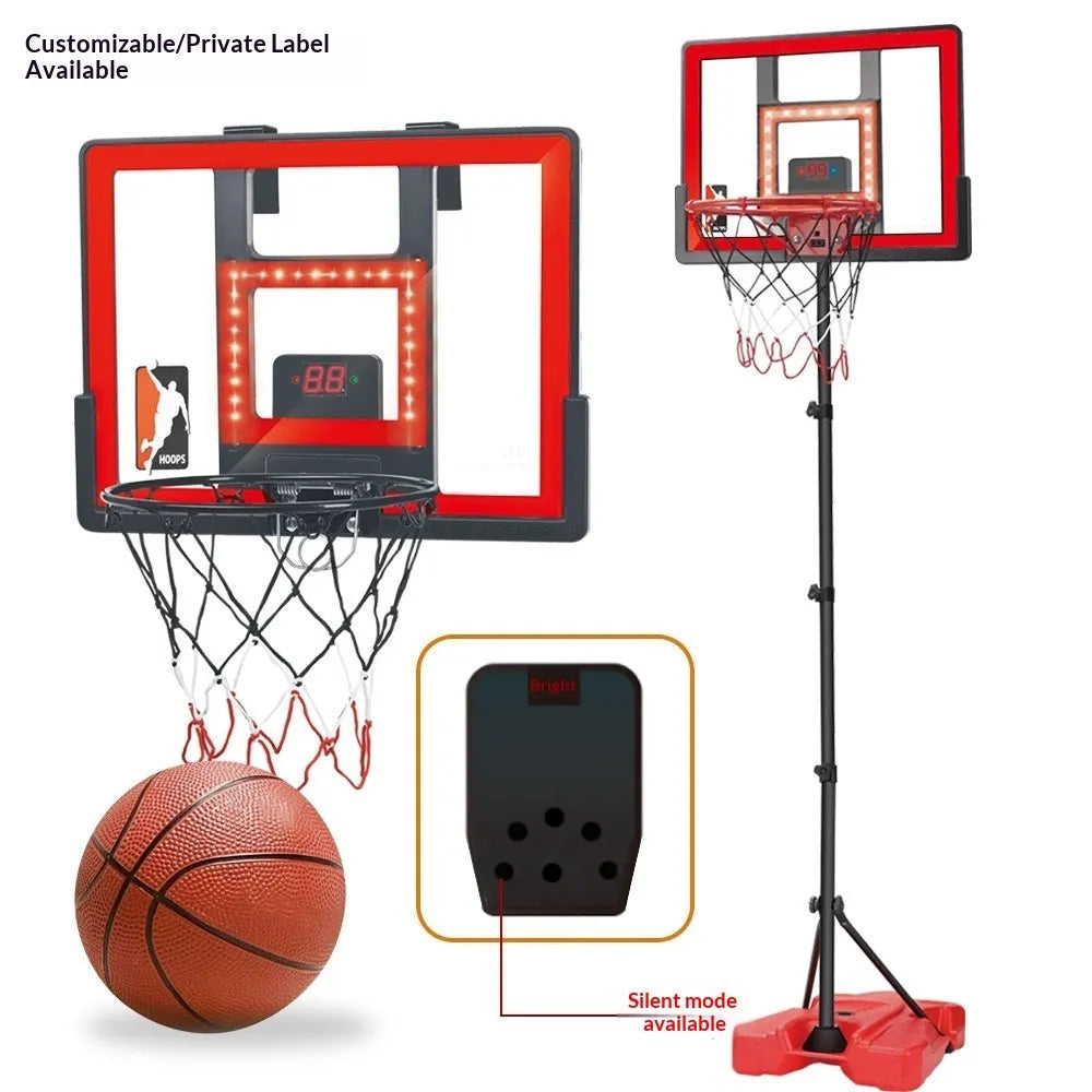 Mute Scoring Dunk Outdoor Folding Hoop with LED backboard in red, height adjustable 152cm to 180cm