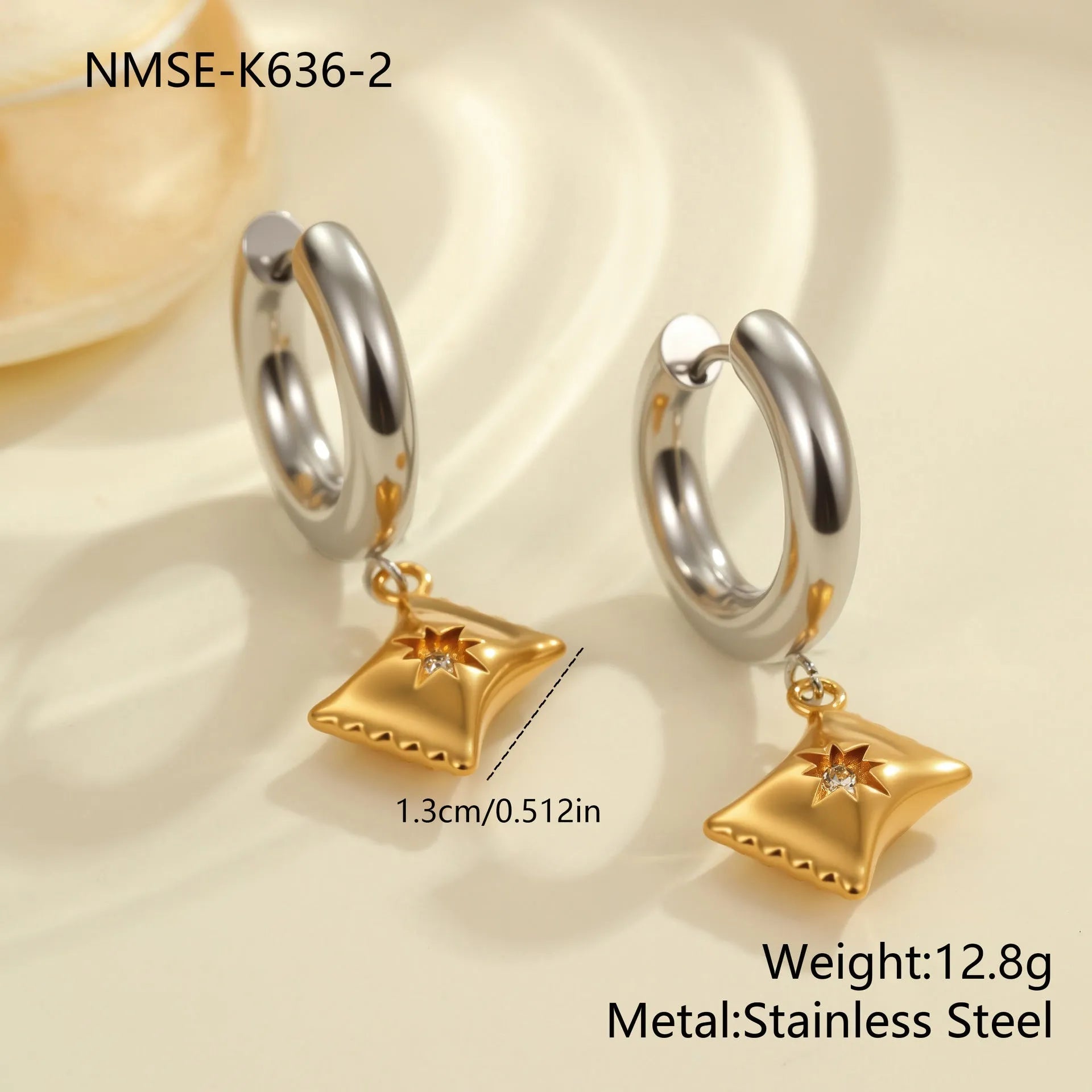 Women's stainless steel earrings with 18K gold plating in heart, star, and Christmas tree shapes.