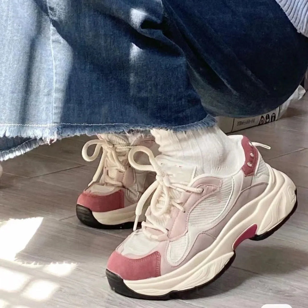 Women's thick-sole height-increasing fashion sneakers in pink with PU upper and lace-up design