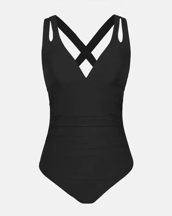 Solid colour one-piece swimsuit with triangle top and cross shoulder straps for women