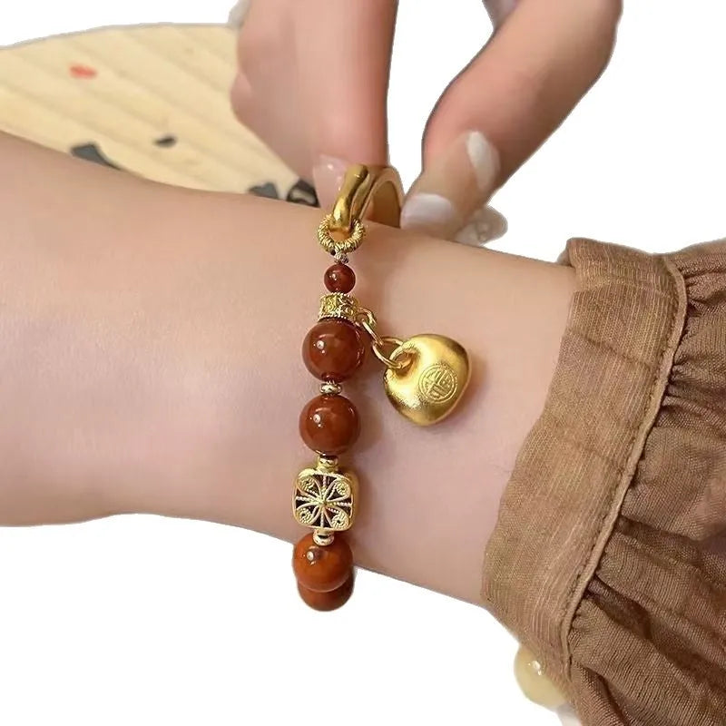 Golden South Red agate character ingot bracelet women's antique style accessory with manual craftsmanship