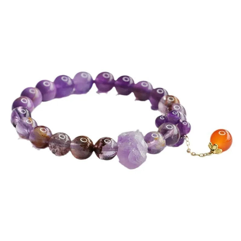 Natural nine purple amethyst crystal bracelet with red agate accents and dragon year design