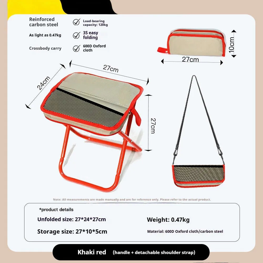 A lightweight foldable camp chair stool in oxford cloth, shown in a khaki colour, folded compactly.