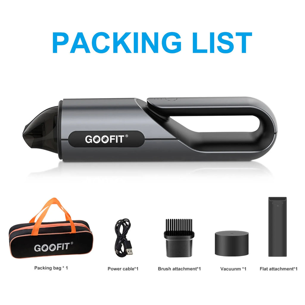 Black portable wireless handheld car vacuum cleaner with flat and brush attachments on a car seat
