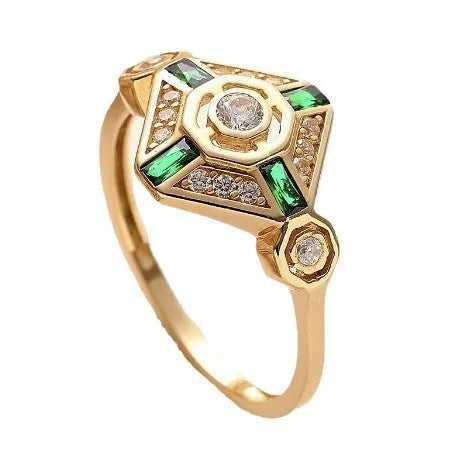 Square geometric ins-style gem ring for women in lvzuan colour, shown on a finger.