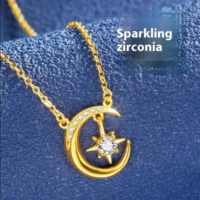Star moon copper pendant necklace with mixed gem inlay and adjustable O-shaped chain