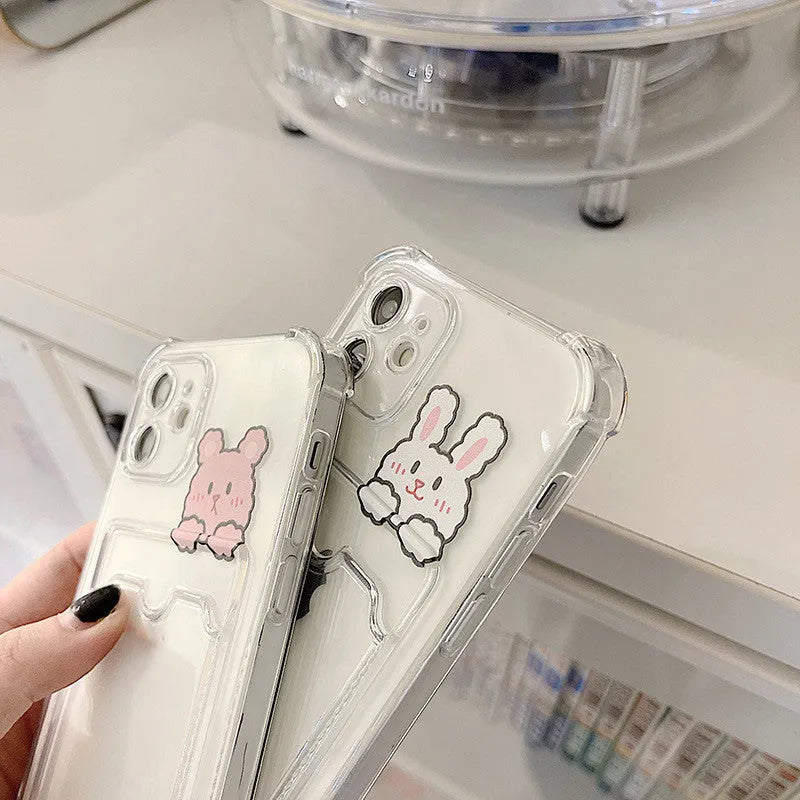 Cartoon design transparent TPU iPhone case with a built-in card holder slot on the back.