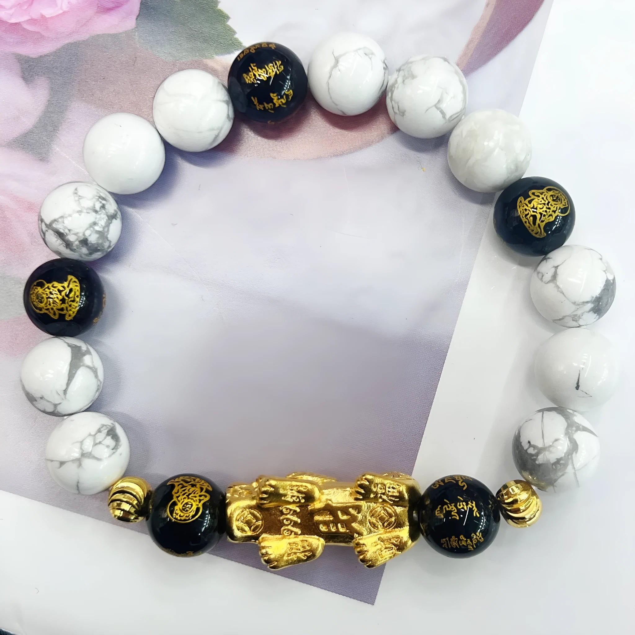 White turquoise and black agate couple bracelet with adjustable 15-17cm length and handmade vintage design