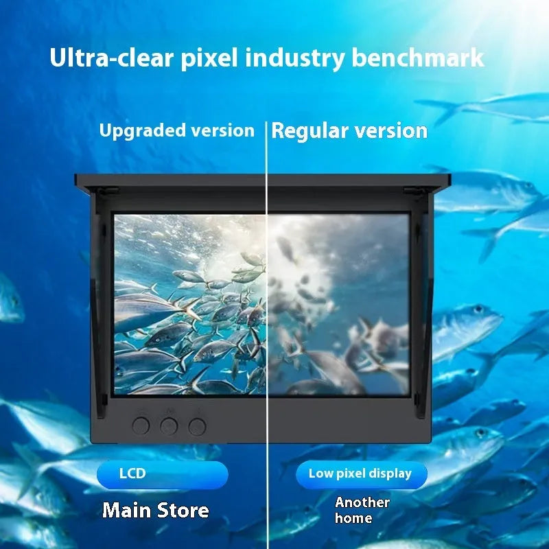 Underwater fish finder HD camera with 4.3-inch IPS screen, showing night vision lights and choice of 15m, 20m, or 30m cable.