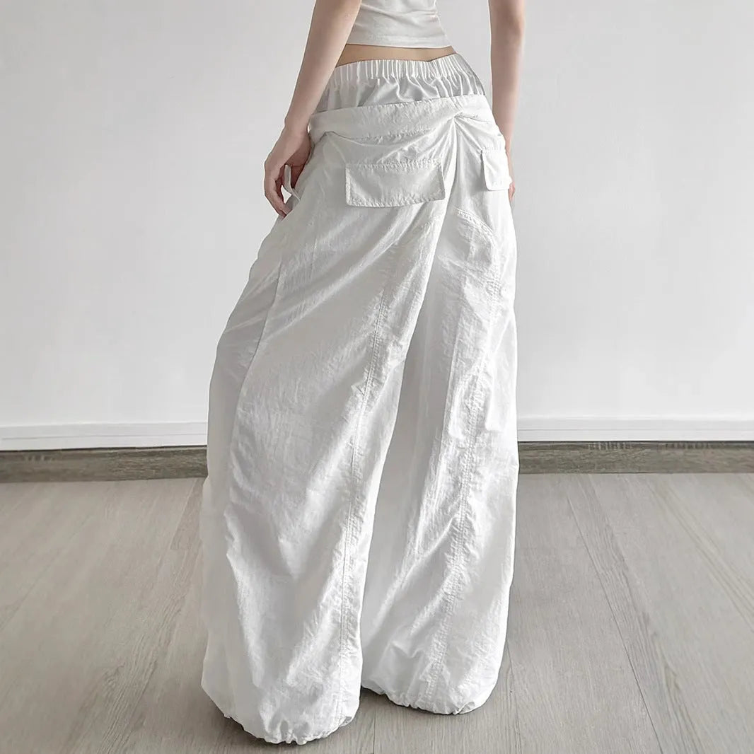 White high waist multi-pocket trousers with ruffle drawstring and lace letter embroidery for women