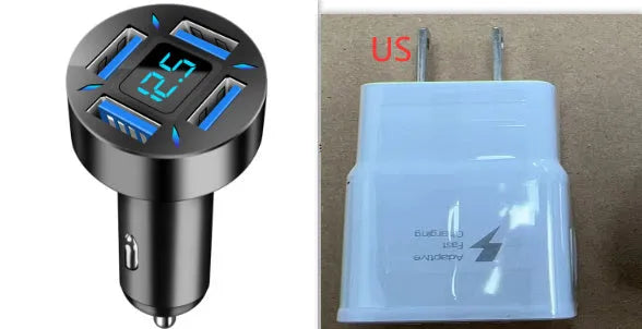 Four-port USB car charger with digital LED display for use in vehicles