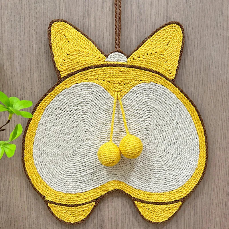 Yellow corgi-shaped sisal cat scratching pad with adhesive hooks and anti-slip base.