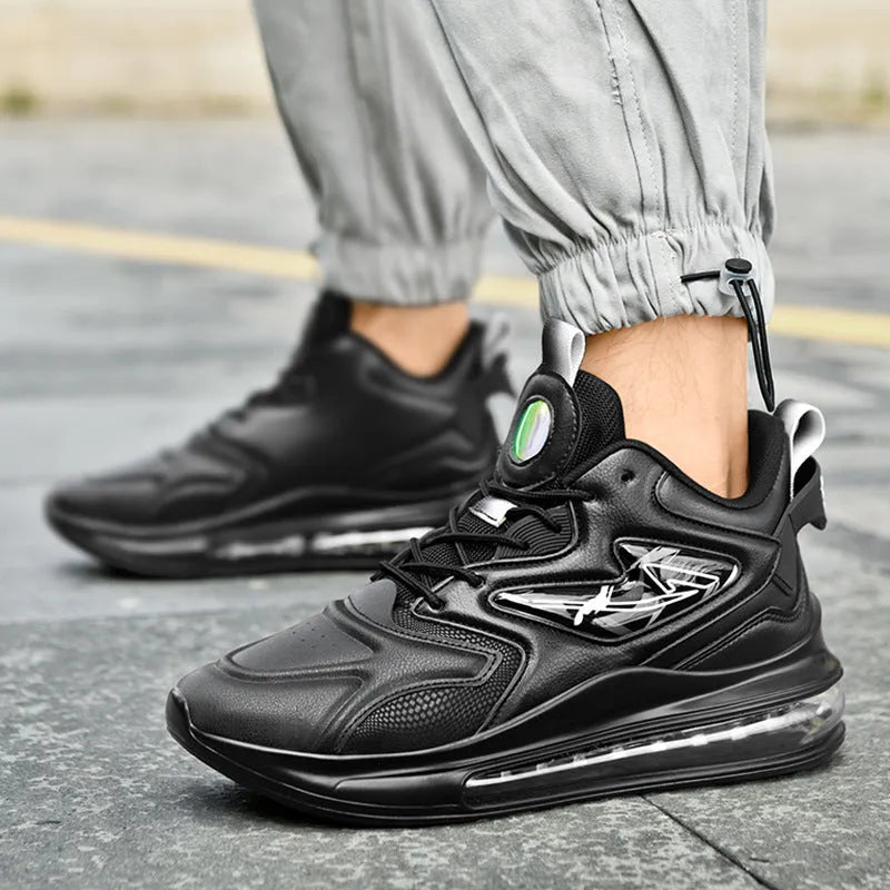 Men's colour-matching lace-up air cushion sneakers with thick sole, microfiber upper, and PU sole in black, green, and white