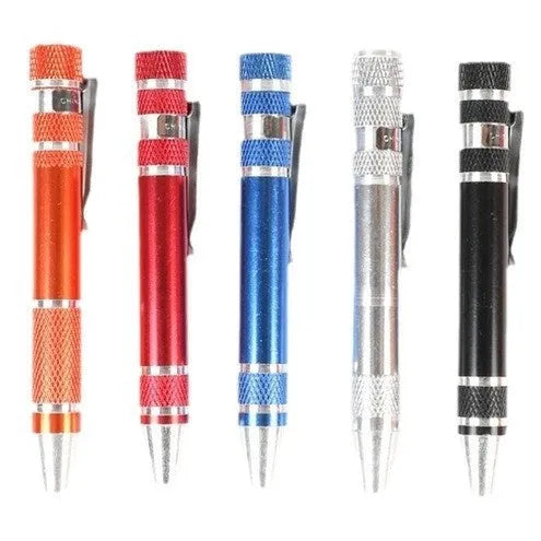 8-in-1 aluminium alloy pen-type screwdriver set with multiple coloured handles and nickel-plated cutter heads