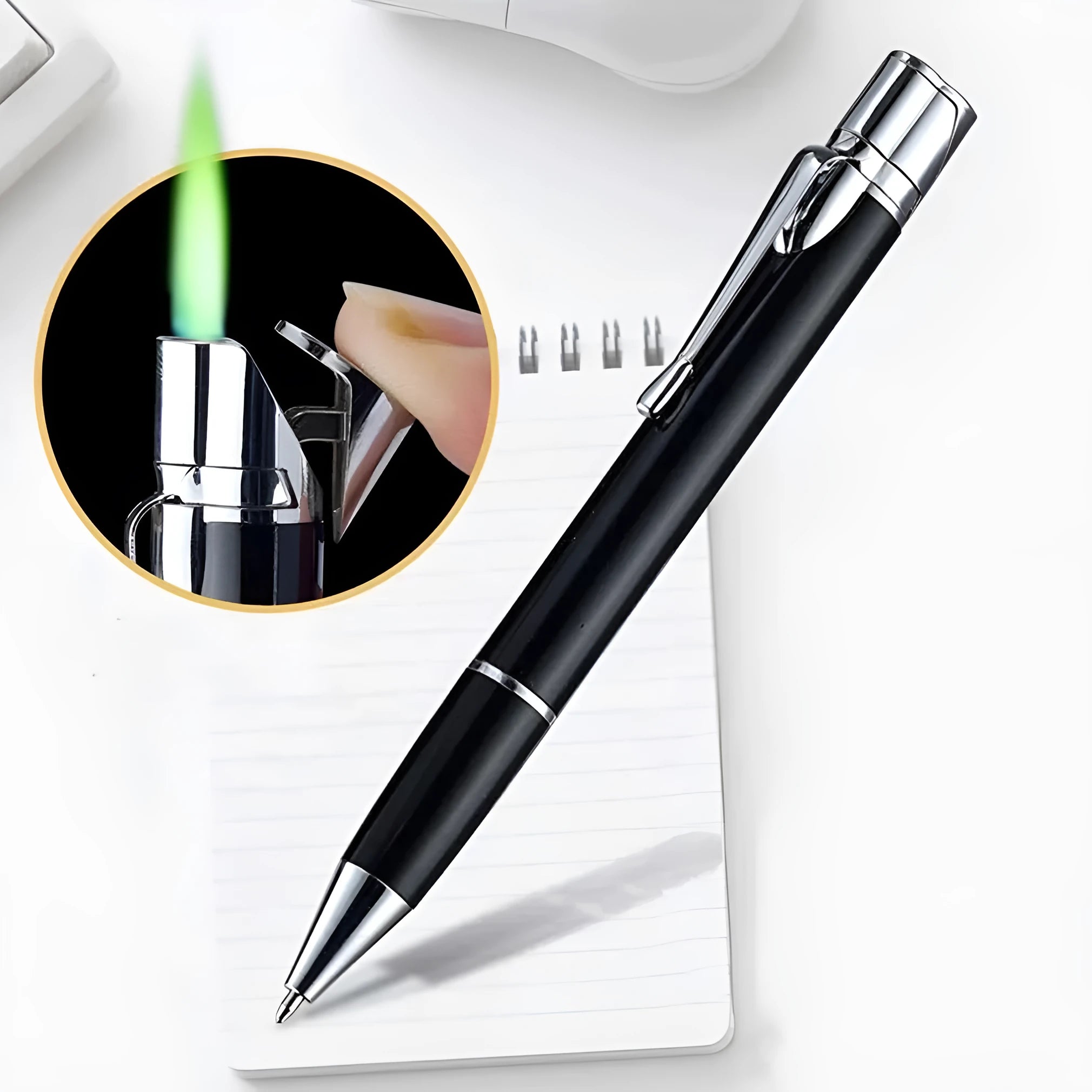 Metal windproof jet torch pen lighter in choice of colours, shown with key chain.
