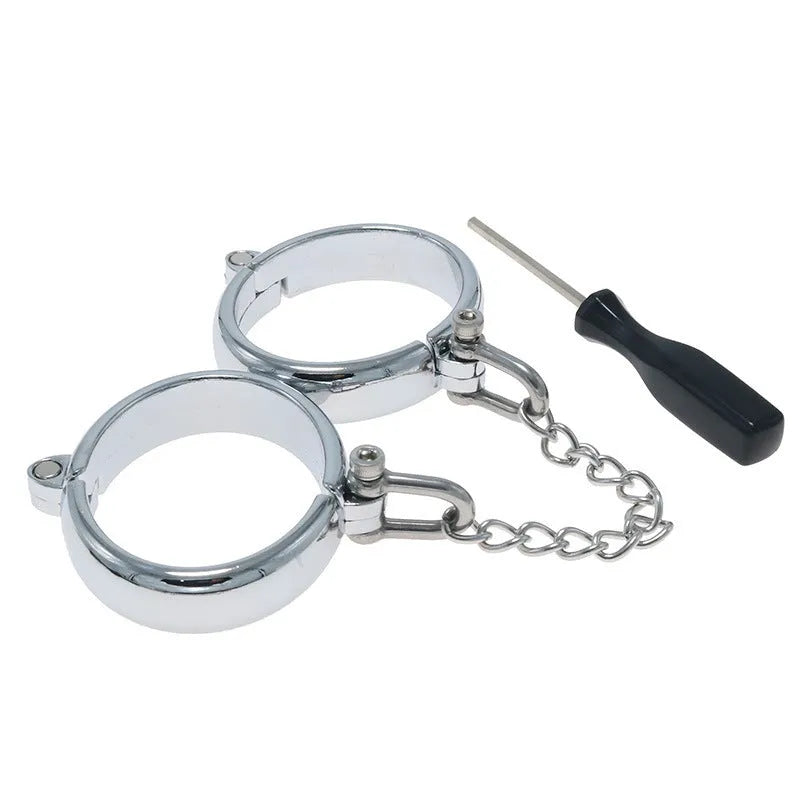 Silver zinc alloy handcuff and footcuff set with stainless steel linking chains